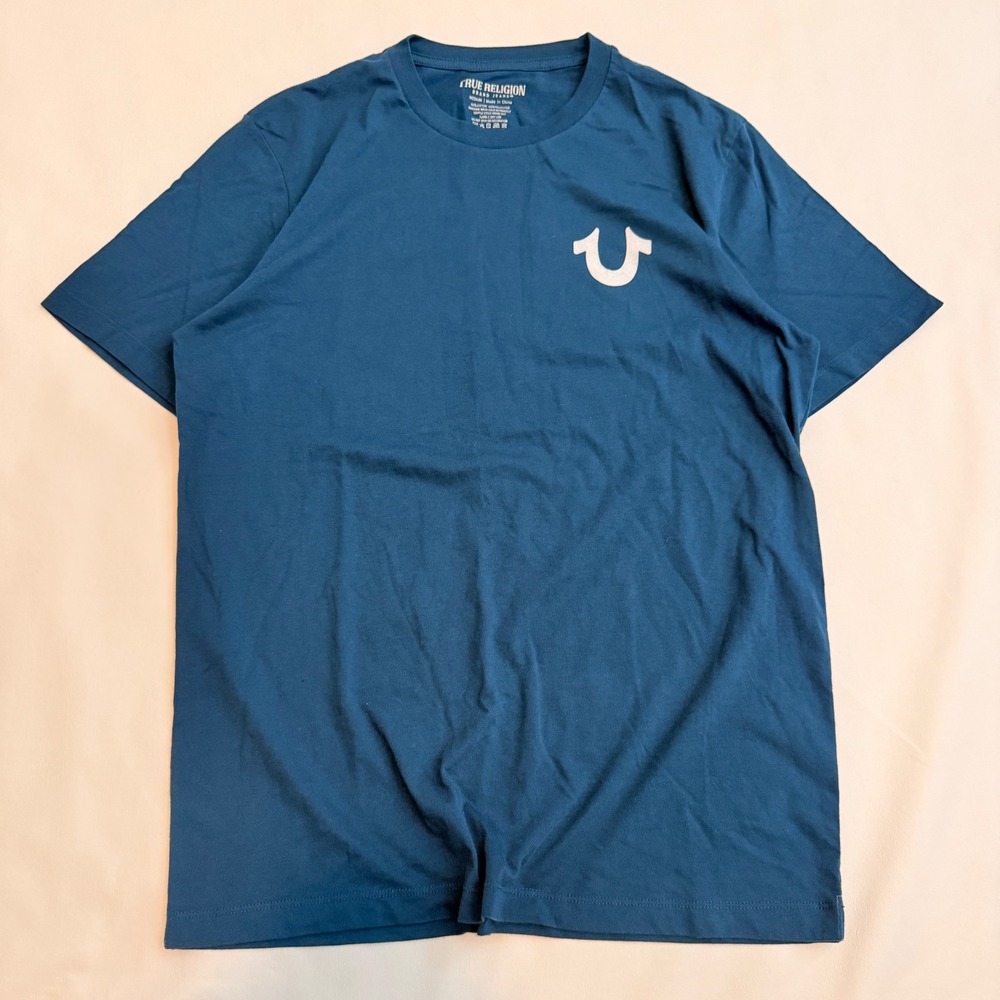 True Religion T-Shirt Mens Medium Blue Buddha Graphic Since 2002 Logo Tee
